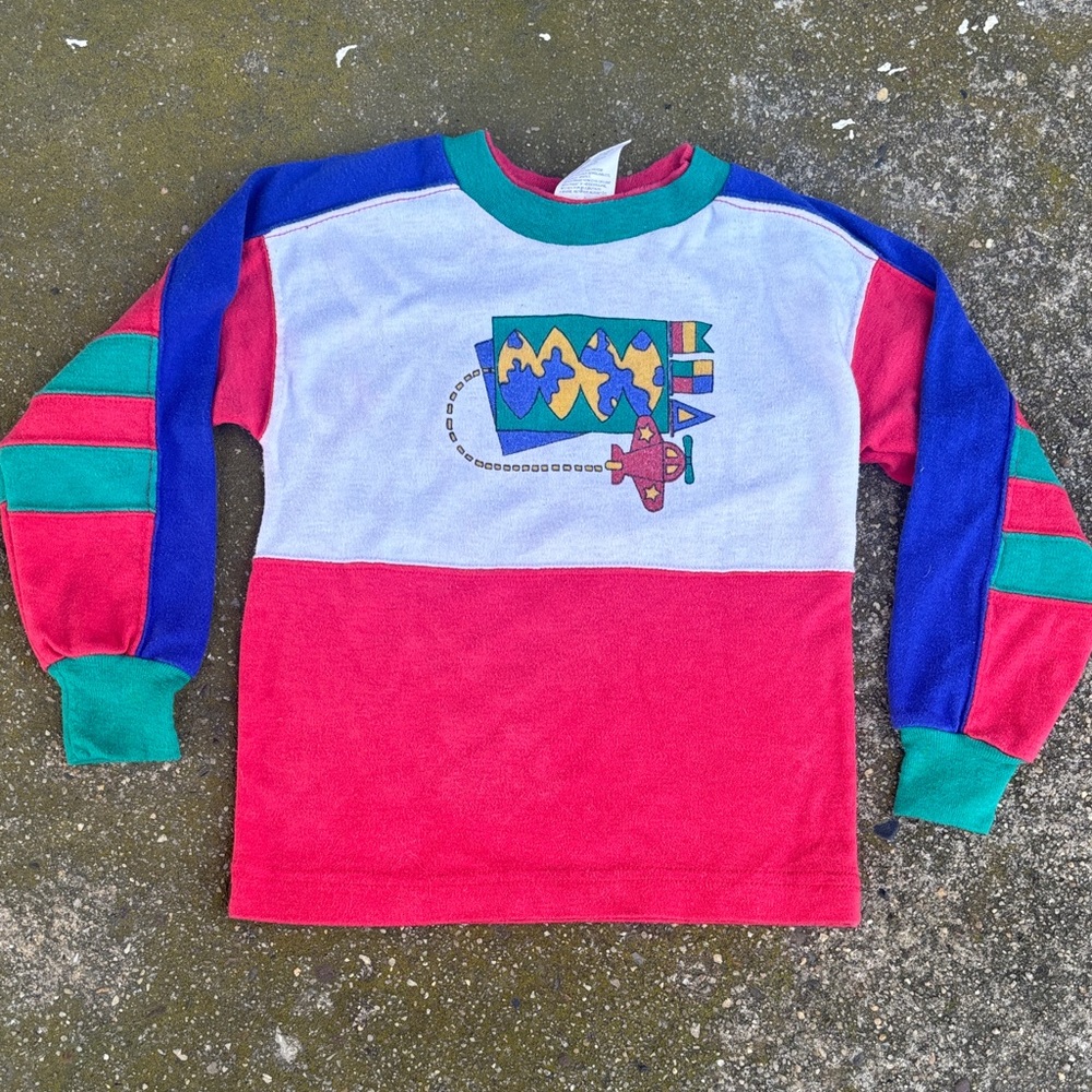 Vintage 80s 90s Colorful Kids Long Sleeve plane Shirt